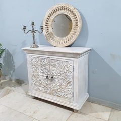 Indian Furniture Solid Mango Wood Floral Carvings 2 Door Cabinet Distresses White Indian Furniture Solid Mango Wood Floral Carvings 2 Door Cabinet Distresses White