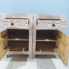 Handmade Indian Furniture Solid Hard Wood Floral Carvings Bedside Table Whitewash (Set 0f 2) 45x40x70Cm Handmade Indian Furniture Solid Hard Wood Floral Carvings Bedside Table Whitewash (Set 0f 2) 45x40x70Cm