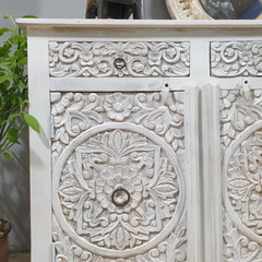 Indian Furniture Handmade Solid Wood Sideboard 3 Drawers & 3 Doors Carved Whitewash Indian Furniture Handmade Solid Wood Sideboard 3 Drawers & 3 Doors Carved Whitewash