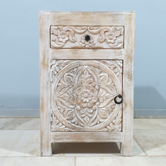 Handmade Indian Furniture Solid Hard Wood Floral Carvings Bedside Table Whitewash (Set 0f 2) 45x40x70Cm Handmade Indian Furniture Solid Hard Wood Floral Carvings Bedside Table Whitewash (Set 0f 2) 45x40x70Cm