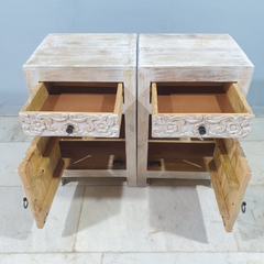 Handmade Indian Furniture Solid Hard Wood Floral Carvings Bedside Table Whitewash (Set 0f 2) 45x40x70Cm Handmade Indian Furniture Solid Hard Wood Floral Carvings Bedside Table Whitewash (Set 0f 2) 45x40x70Cm