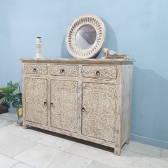 Handmade Carved Indian Furniture Mango Hard Wood 3 Drawers 3 Doors Sideboard Creamwash Handmade Carved Indian Furniture Mango Hard Wood 3 Drawers 3 Doors Sideboard Creamwash
