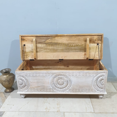 Handmade Indian Furniture Solid Hard Wood Carved Blanket Box Whitewash Handmade Indian Furniture Solid Hard Wood Carved Blanket Box Whitewash