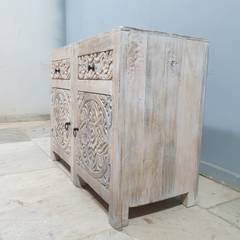 Handmade Indian Furniture Solid Hard Wood Floral Carvings Bedside Table Whitewash (Set 0f 2) 45x40x70Cm Handmade Indian Furniture Solid Hard Wood Floral Carvings Bedside Table Whitewash (Set 0f 2) 45x40x70Cm