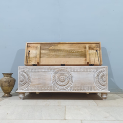 Handmade Indian Furniture Solid Hard Wood Carved Blanket Box Whitewash Handmade Indian Furniture Solid Hard Wood Carved Blanket Box Whitewash