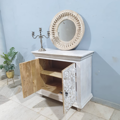 Indian Furniture Solid Mango Wood Floral Carvings 2 Door Cabinet Distresses White Indian Furniture Solid Mango Wood Floral Carvings 2 Door Cabinet Distresses White