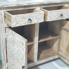 Handmade Carved Indian Furniture Mango Hard Wood 3 Drawers 3 Doors Sideboard Creamwash Handmade Carved Indian Furniture Mango Hard Wood 3 Drawers 3 Doors Sideboard Creamwash