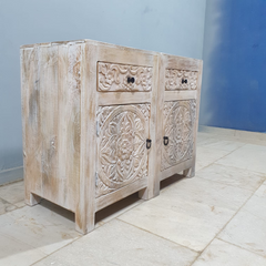 Handmade Indian Furniture Solid Hard Wood Floral Carvings Bedside Table Whitewash (Set 0f 2) 45x40x70Cm Handmade Indian Furniture Solid Hard Wood Floral Carvings Bedside Table Whitewash (Set 0f 2) 45x40x70Cm