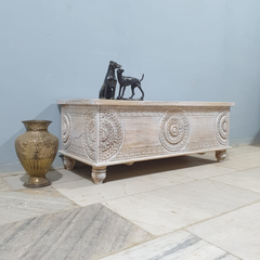 Handmade Indian Furniture Solid Hard Wood Carved Blanket Box Whitewash Handmade Indian Furniture Solid Hard Wood Carved Blanket Box Whitewash
