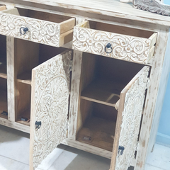 Handmade Carved Indian Furniture Mango Hard Wood 3 Drawers 3 Doors Sideboard Creamwash Handmade Carved Indian Furniture Mango Hard Wood 3 Drawers 3 Doors Sideboard Creamwash