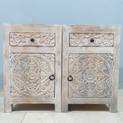 Handmade Indian Furniture Solid Hard Wood Floral Carvings Bedside Table Whitewash (Set 0f 2) 45x40x70Cm Handmade Indian Furniture Solid Hard Wood Floral Carvings Bedside Table Whitewash (Set 0f 2) 45x40x70Cm