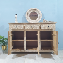 Handmade Carved Indian Furniture Mango Hard Wood 3 Drawers 3 Doors Sideboard Creamwash Handmade Carved Indian Furniture Mango Hard Wood 3 Drawers 3 Doors Sideboard Creamwash