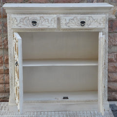 Indian Embossed Buddha Brass work Solid wood Small Sideboard Buffet White Indian Embossed Buddha Brass work Solid wood Small Sideboard Buffet White