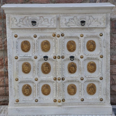 Indian Embossed Buddha Brass work Solid wood Small Sideboard Buffet White Indian Embossed Buddha Brass work Solid wood Small Sideboard Buffet White