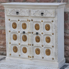 Indian Embossed Buddha Brass work Solid wood Small Sideboard Buffet White Indian Embossed Buddha Brass work Solid wood Small Sideboard Buffet White