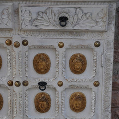 Indian Embossed Buddha Brass work Solid wood Small Sideboard Buffet White Indian Embossed Buddha Brass work Solid wood Small Sideboard Buffet White