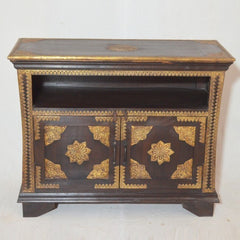 Indian Embossed Antique Brass work Solid wood Sideboard Brown Small Buffet 1m Indian Embossed Antique Brass work Solid wood Sideboard Brown Small Buffet 1m