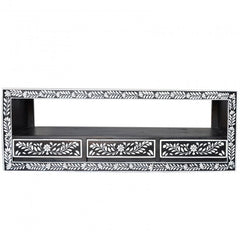 Bone Inlay Floral Pattern Black Floral 3 Drawer TV Unit Bone Inlay Floral Pattern Black Floral 3 Drawer TV Unit