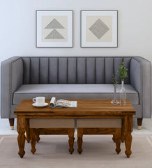 Shanti Surprise Sheesham Wood Nesting Coffee Table Set in Provincial Teak Finish With Cushioned Stools Shanti Surprise Sheesham Wood Nesting Coffee Table Set in Provincial Teak Finish With Cushioned Stools