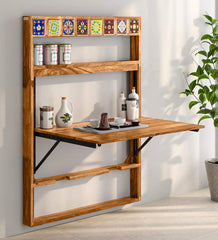 Moroccan Mosaic Mango Wood Wall Mounted Foldable 4 Seater Dining Table In Provincial Teak Finish Moroccan Mosaic Mango Wood Wall Mounted Foldable 4 Seater Dining Table In Provincial Teak Finish