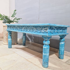Antique Indian Reclaimed Hand Solid Wooden Rustic Coffee Table Blue 120x55x55cm Antique Indian Reclaimed Hand Solid Wooden Rustic Coffee Table Blue 120x55x55cm