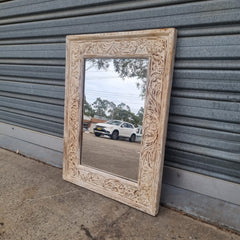 Handcrafted Floral Carved Solid Wood Indian Furniture Mirror Frame Rustic White Handcrafted Floral Carved Solid Wood Indian Furniture Mirror Frame Rustic White