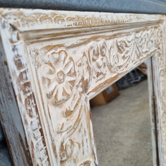 Handcrafted Floral Carved Solid Wood Indian Furniture Mirror Frame Rustic White Handcrafted Floral Carved Solid Wood Indian Furniture Mirror Frame Rustic White
