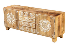 Antique Indian Painted Hand Country Chic Solid Wooden Tv Unit Natural 150x40x60cm A0290