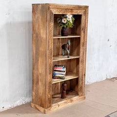 Indian Handmade Carved Solid Hard Wood Bookshelf Natural 100x40x180Cm