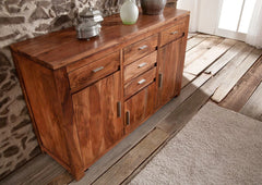 Gfine Sideboard with three doors and five drawers made of solid acacia wood 137x43x88cm