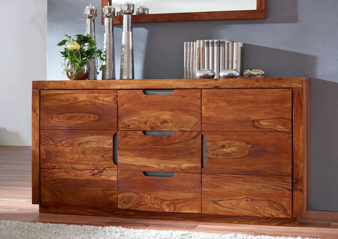 Gfine Sideboard with two doors and three drawers made of solid Sheesham wood 150x45x76cm