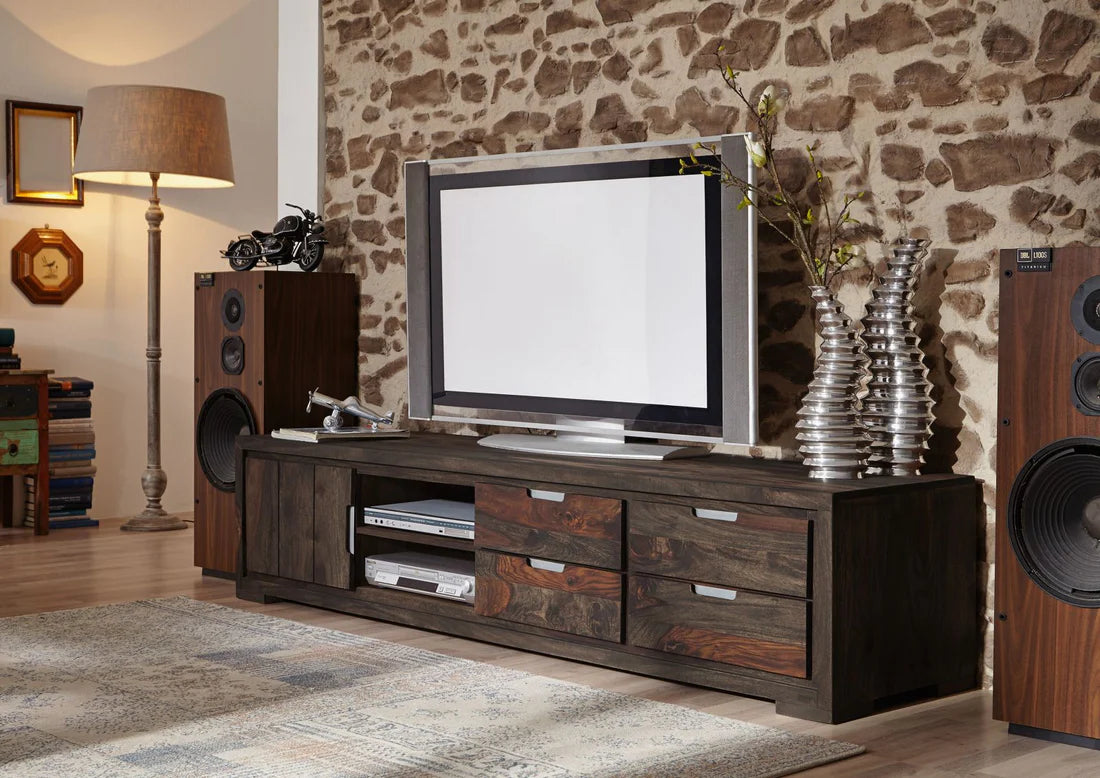 Gfine TV unit with single door and four drawers made of solid sheesham wood 172x40x48Cm