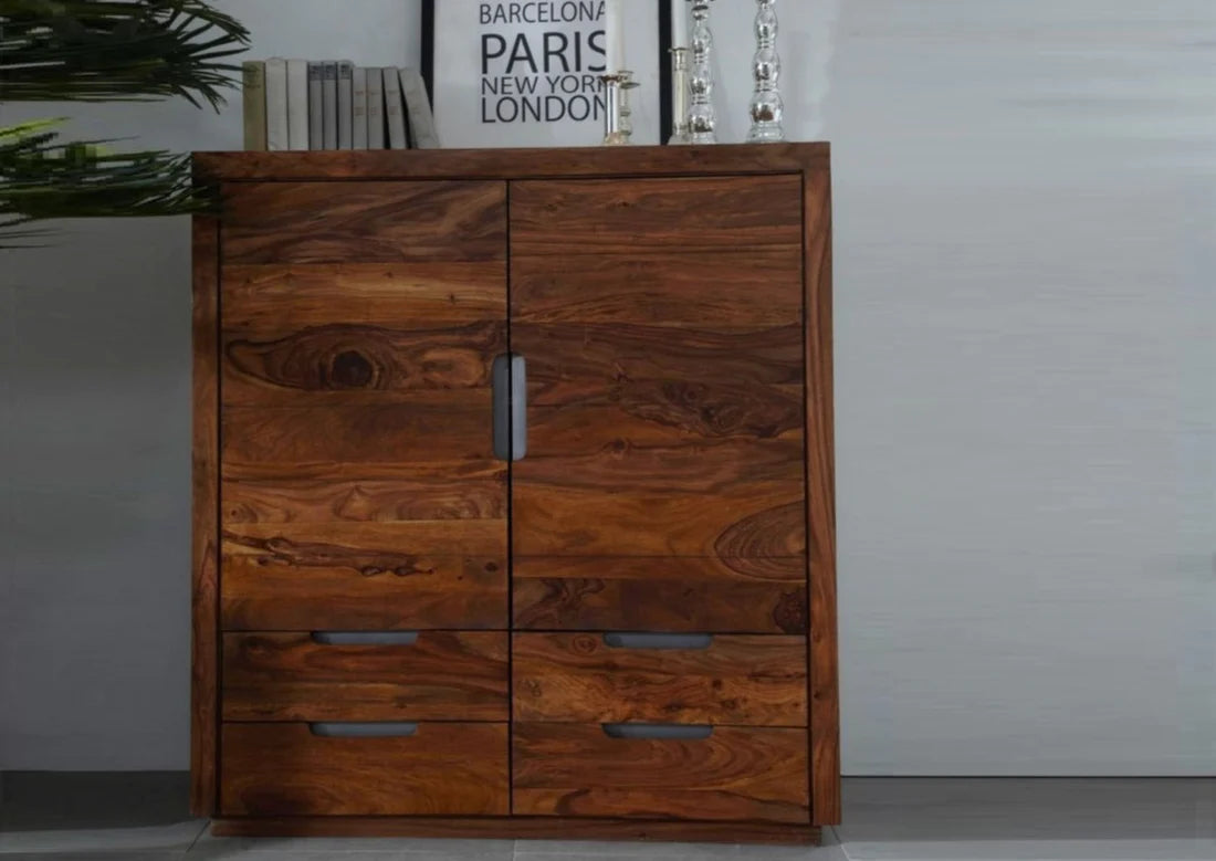 Gfine Sideboard with two doors and four drawers made of solid Sheesham wood 83x45x116Cm