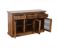 Indian Wooden Buffet Cabinet Sideboard With Jali Doors & Drawers Natural 150x45x90 Cm