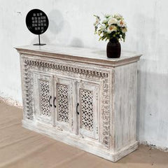 Indian Handmade Carved Solid Hard Wood 3 Doors Sideboard Greywash 150x40x100Cm