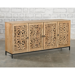 Carved Oasis Hand Carved Floral Carvings Wooden Sideboard Natural Finish