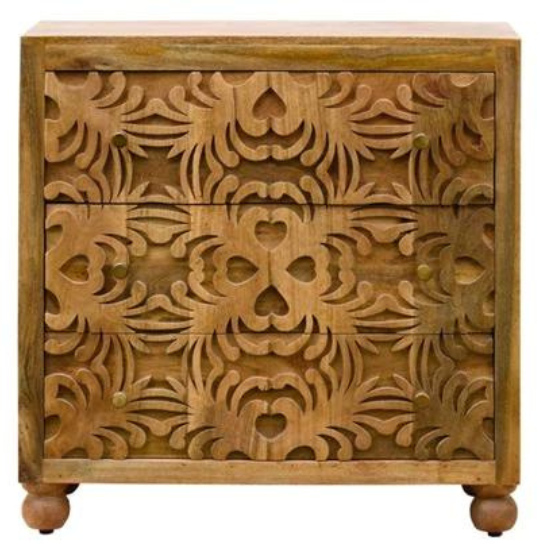 Carved Oasis Hand Carved Solid Mango Wood Floral Carvings Chest of Drawers Natural