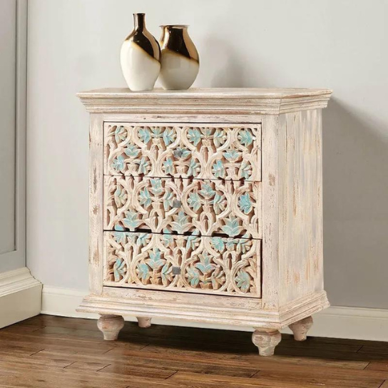 Carved Oasis Hand Carved Solid Mango Wood Floral Carvings Chest of Drawers