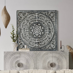 Heritage Heirlooms Solid Mango Wood  Decorative Hand Carved Square Wall Panel Monochrome