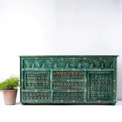 Carved Oasis Hand Carved Solid Mango Wood Floral Carvings Sideboard in Rustic Green