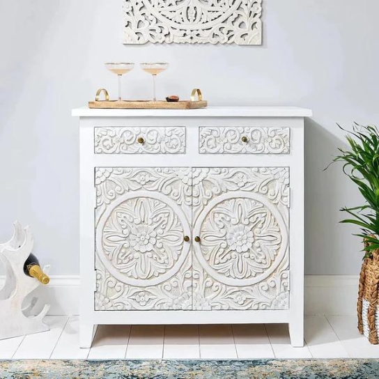 Carved Oasis Hand Carved Solid Mango Wood 2 Doors 2 Drawers Cabinet in All White