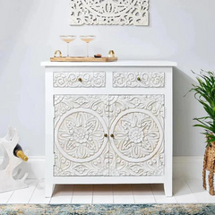 Carved Oasis Hand Carved Solid Mango Wood 2 Doors 2 Drawers Cabinet in All White