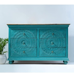 Carved Oasis Hand Carved Solid Mango Wood Chest of Drawers in Blue