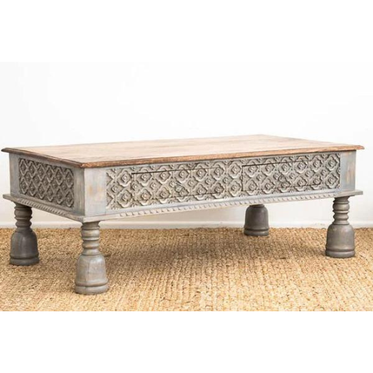 Heritage Heirlooms Solid Mango Wood Carving Coffee Table with 2 Drawers