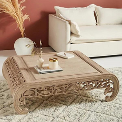 Heritage Heirlooms Solid Wooden Floral Carved Folded Legged Coffee Table in Bleached