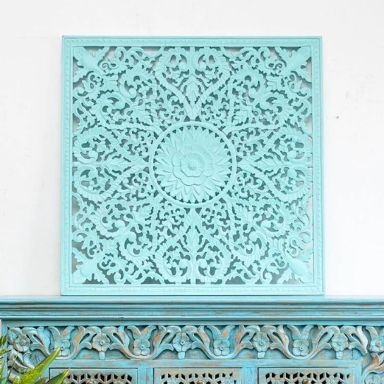 Heritage Heirlooms Solid Mango Wood Decorative Hand Carved Square Wall Panel Blue
