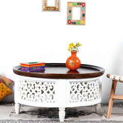 Handmade Carved Mango Wood Round Coffee Table with Jali Work (White)