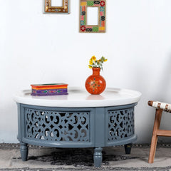 Handmade Carved Mango Wood Round Coffee Table with Jali Work (Grey)