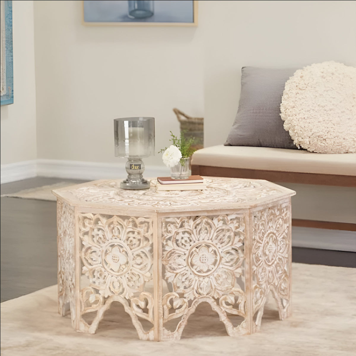 Handmade Carved Mango Wood Octagon Coffee Table Cream Distressed