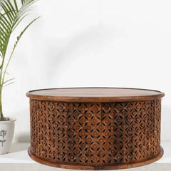 Bristol Hand Carved Indian Solid Wood Round Coffee Table (Honey)